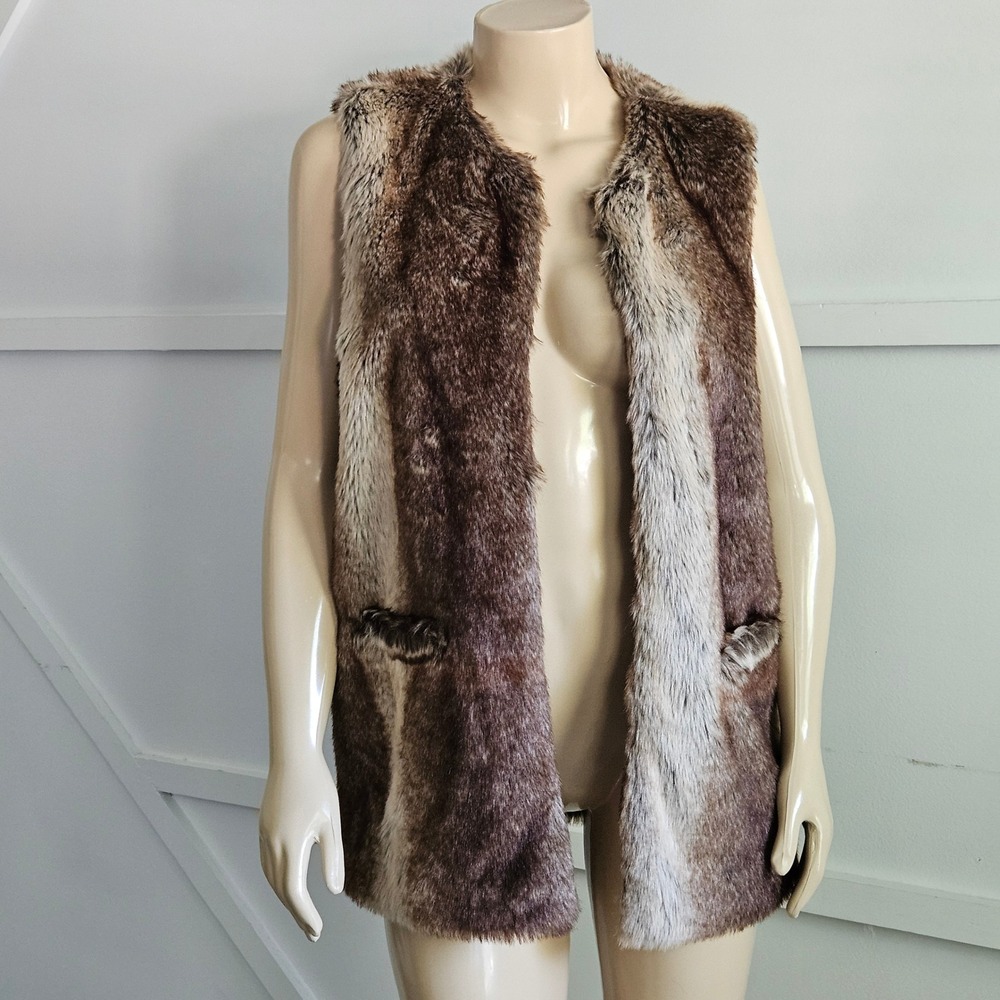 Lucky Brand Womens Brown Cream Striped Faux Fur Vest Size Medium Open Front Boho